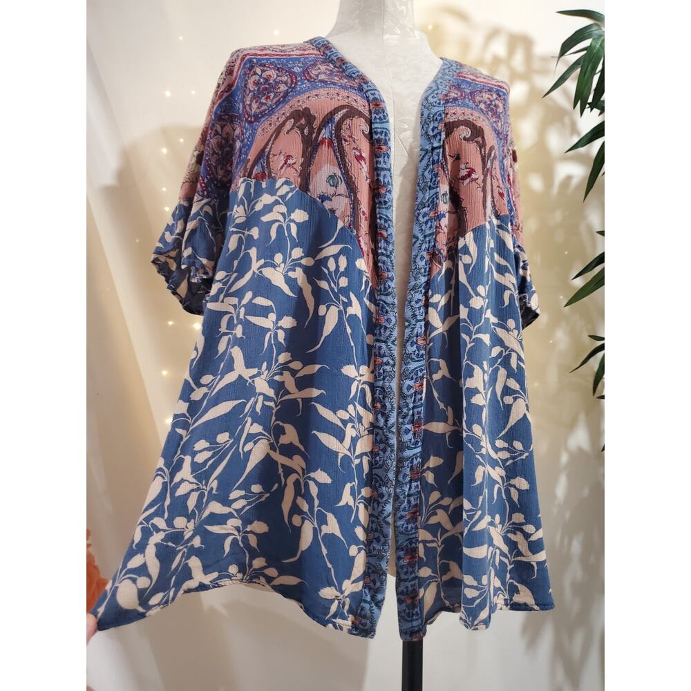 Umgee Boho Mixed Print Oversized Open Kimono Cardigan Top Womens Size S Ruffle - Picture 3 of 10
